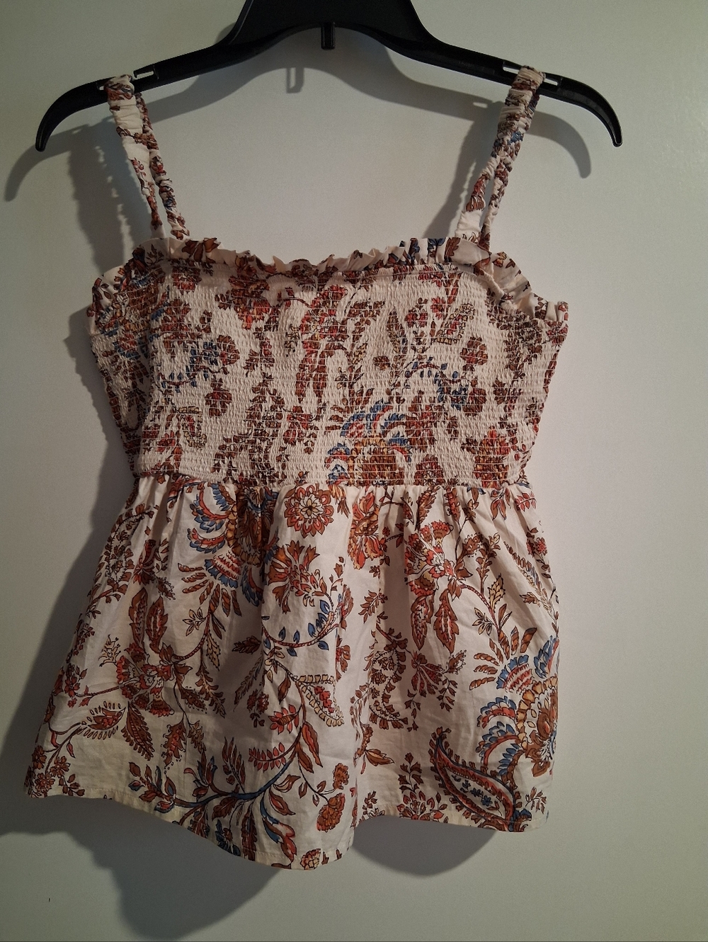 Nwts Old Navy Floral Smocked Tank Top - Cream with Brown & Blue Print